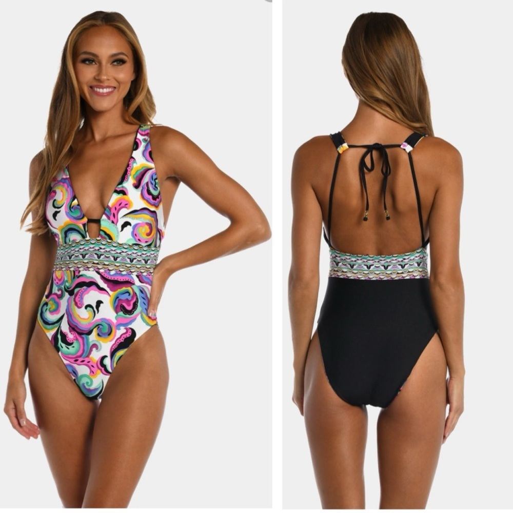 Sunshine 79 NEW Reversible Psychedelia Plunge  Swimsuit Padded Tie High Rise 14